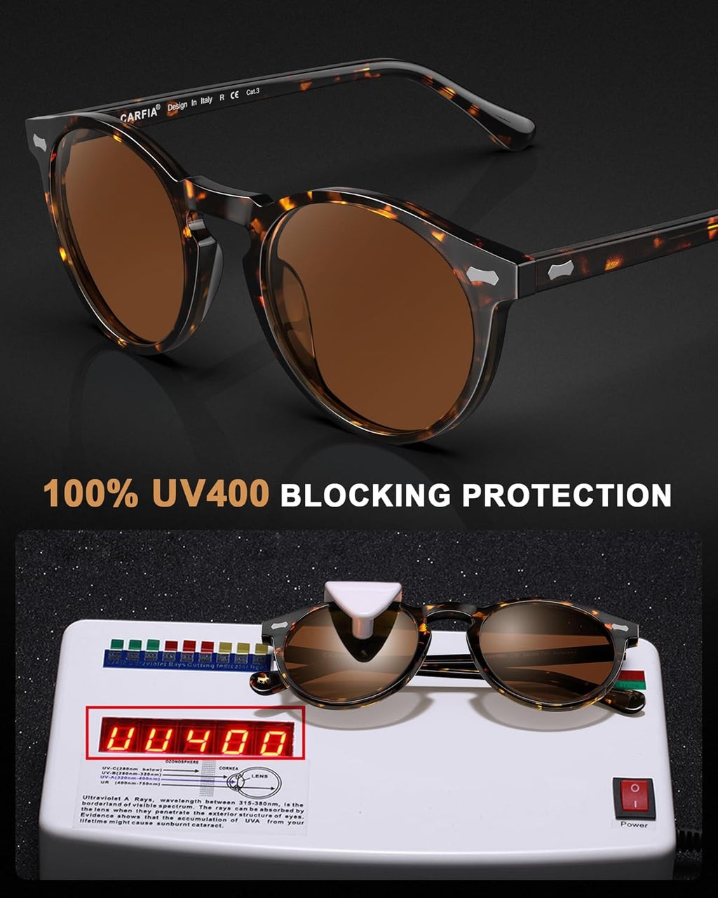 Carfia Polarisierte Herren Sonnenbrille rundes Gestell mit Lederetui