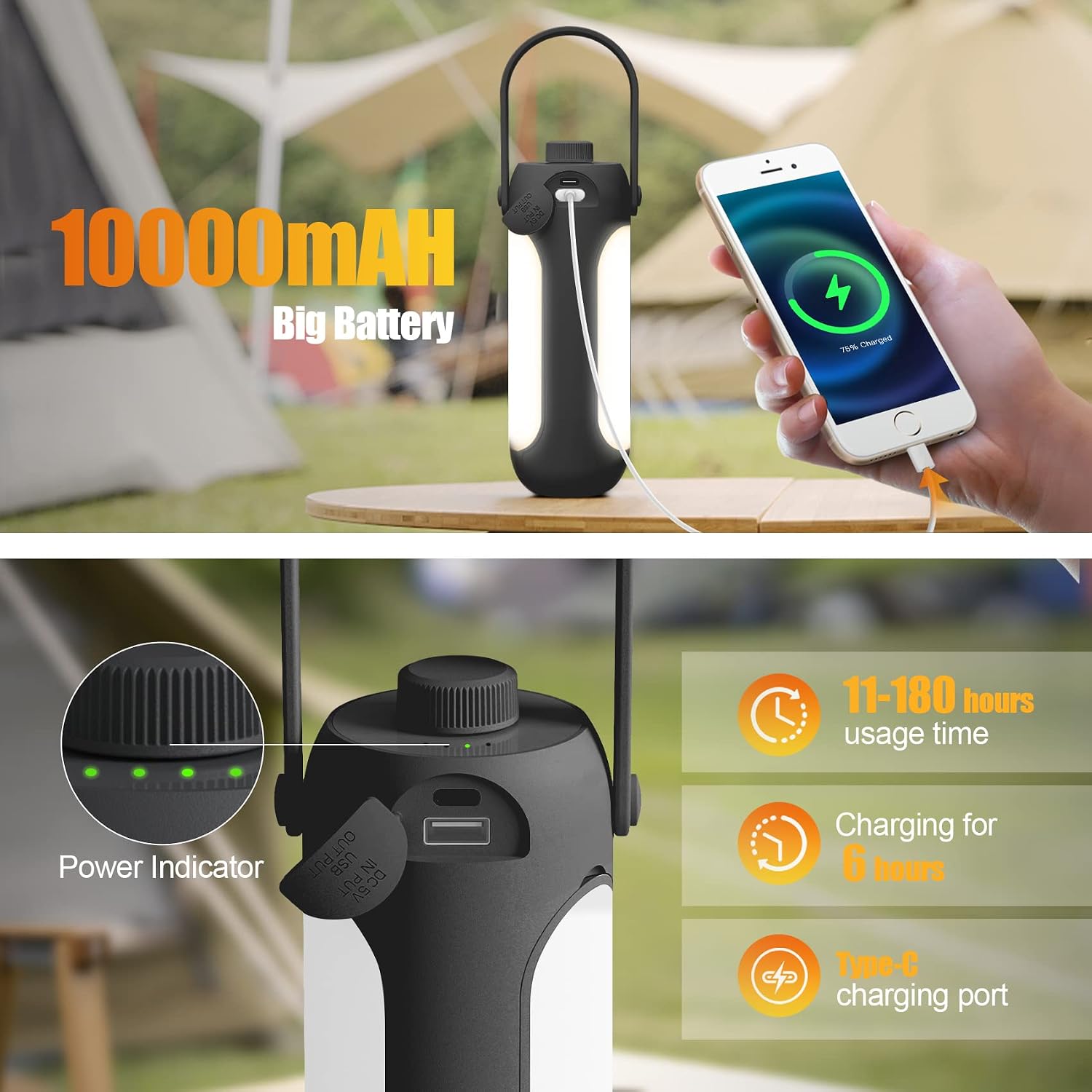 LED Campinglampe 10000 mAh Akku kabellos dimmbar 3 Leuchtmodi schwarz