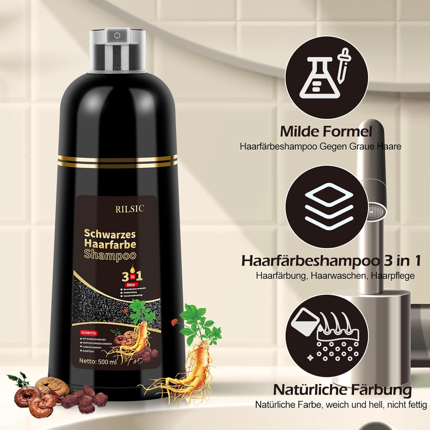 Haarfaerbeshampoo Braun 3-in-1 gegen graue Haare fuer Maenner Frauen