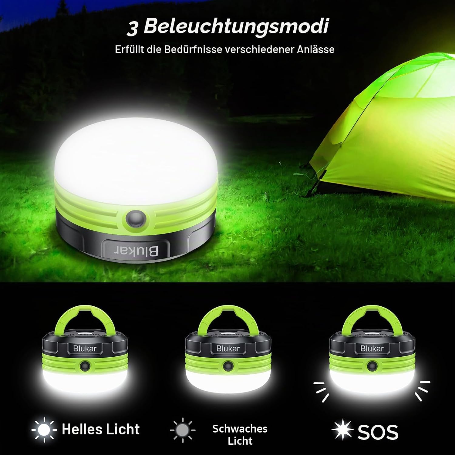Blukar LED Campinglampe Mini, 3 Helligkeitsstufen, Magnet, Wasserdicht