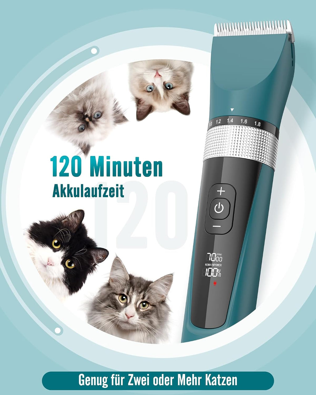 Oneisall Katzenhaarschneider kabellos 5 Stufen LCD Display wasserdicht Grün
