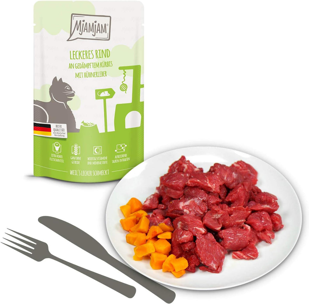 MjAMjAM Premium Katzen Nassfutter Mixpaket I 12x125g Huhn Rind Herzen getreidefr