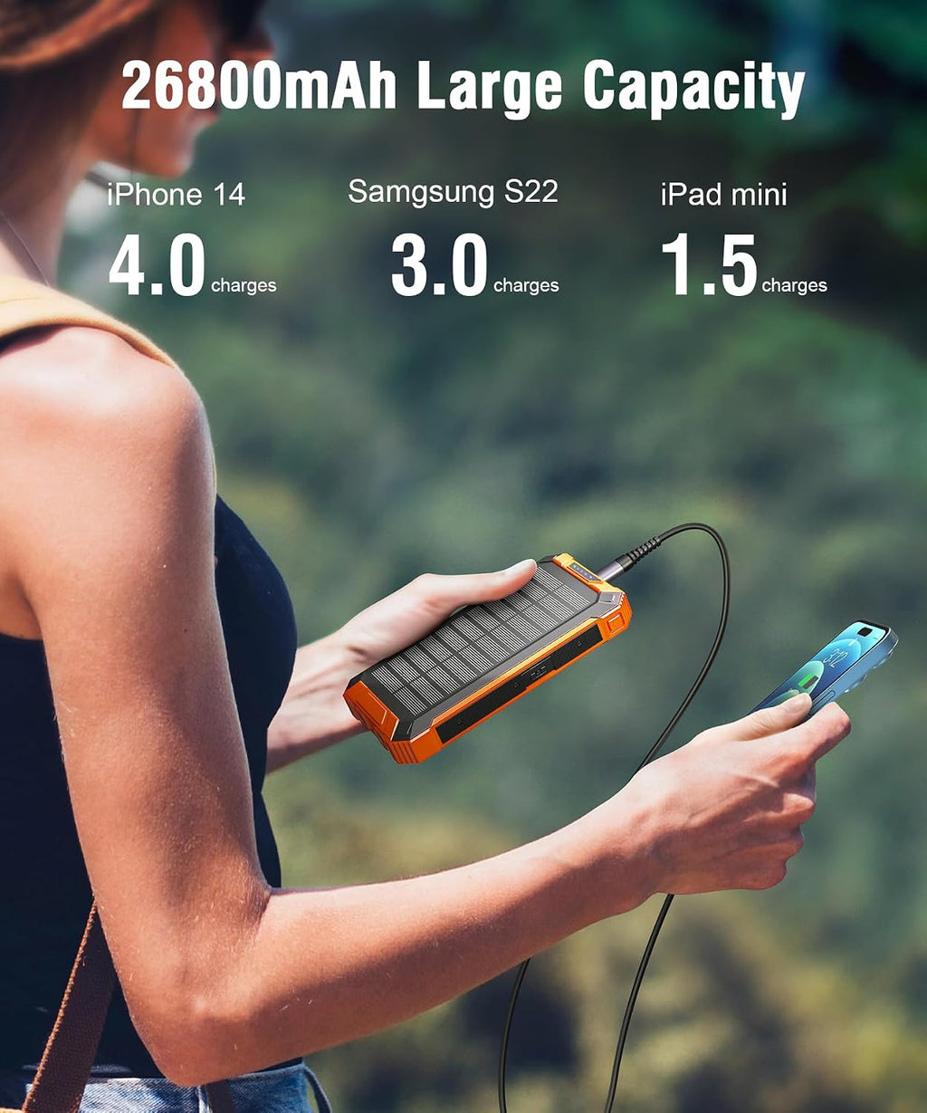 Solar Powerbank 26800 mAh, Wireless 15W, USB‑C Ein/Aus, integrierte 4 Kabel, Tas
