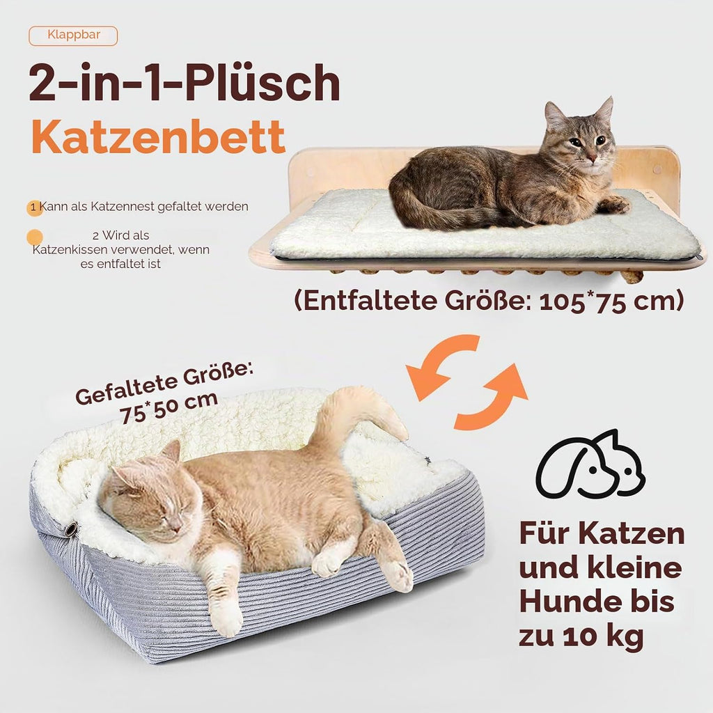 Katzenbett waschbar 42x38 cm Pluesch 2-in-1 Kissen Decke Sofa, entfaltet 61x51 cm