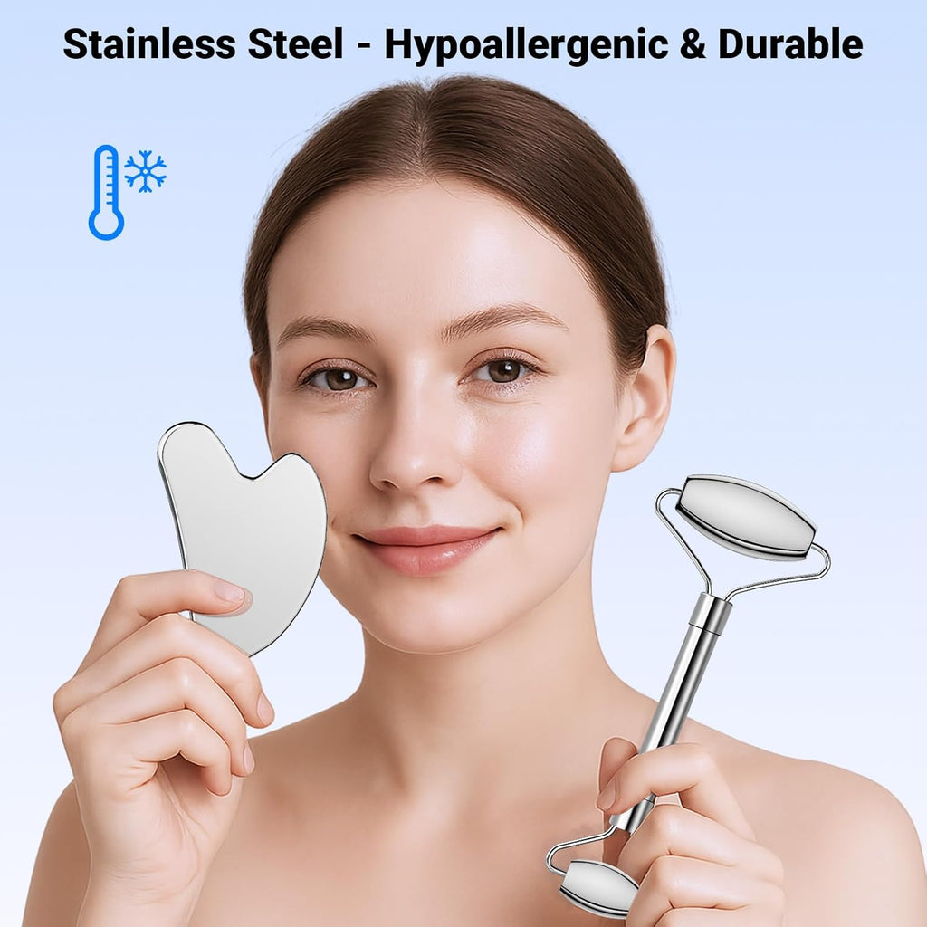 Alyvisun Gua Sha Set aus Edelstahl Gesichtsmassage Roller gegen Schwellungen