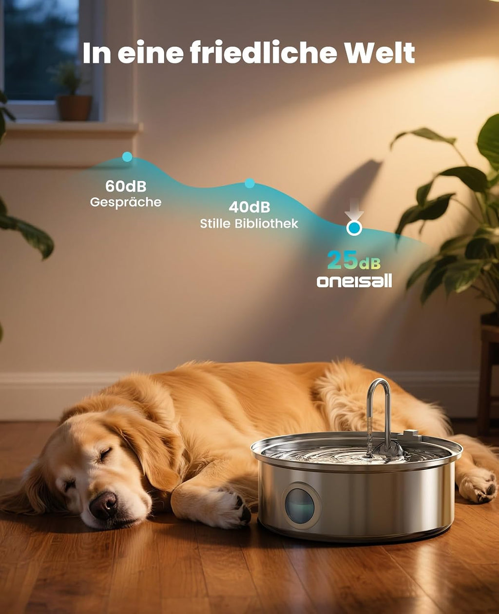 oneisall Trinkbrunnen fuer Hunde Edelstahl mit LED, 5‑Schicht Filter