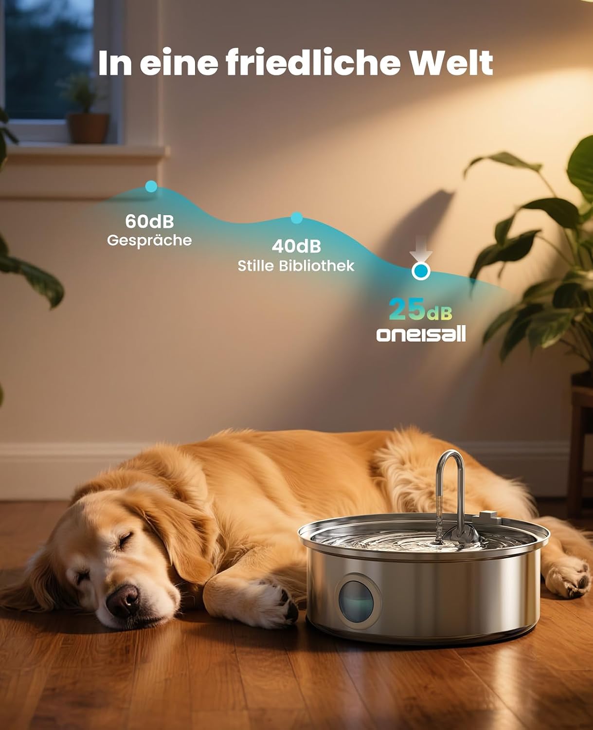 oneisall Trinkbrunnen fuer Hunde Edelstahl mit LED, 5‑Schicht Filter