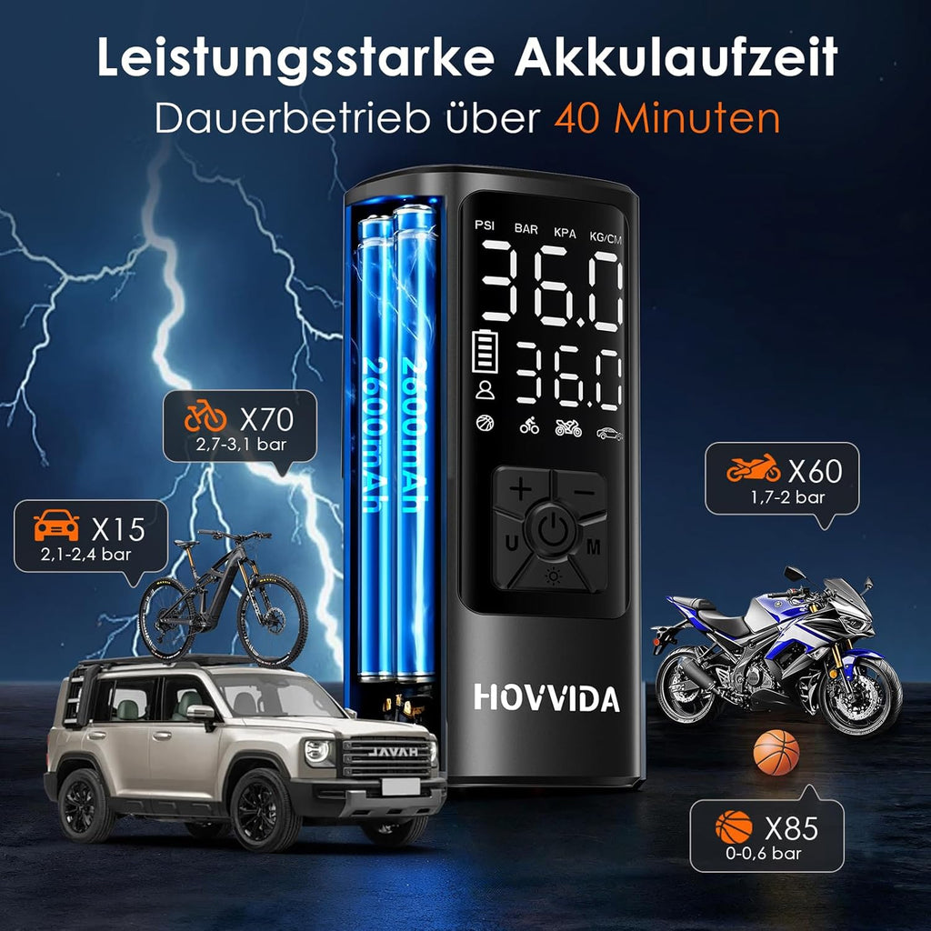 HOVVIDA Akku-Kompressor 10,3 Bar Digitales Reifendruckgeraet fuer Auto Fahrrad E-B