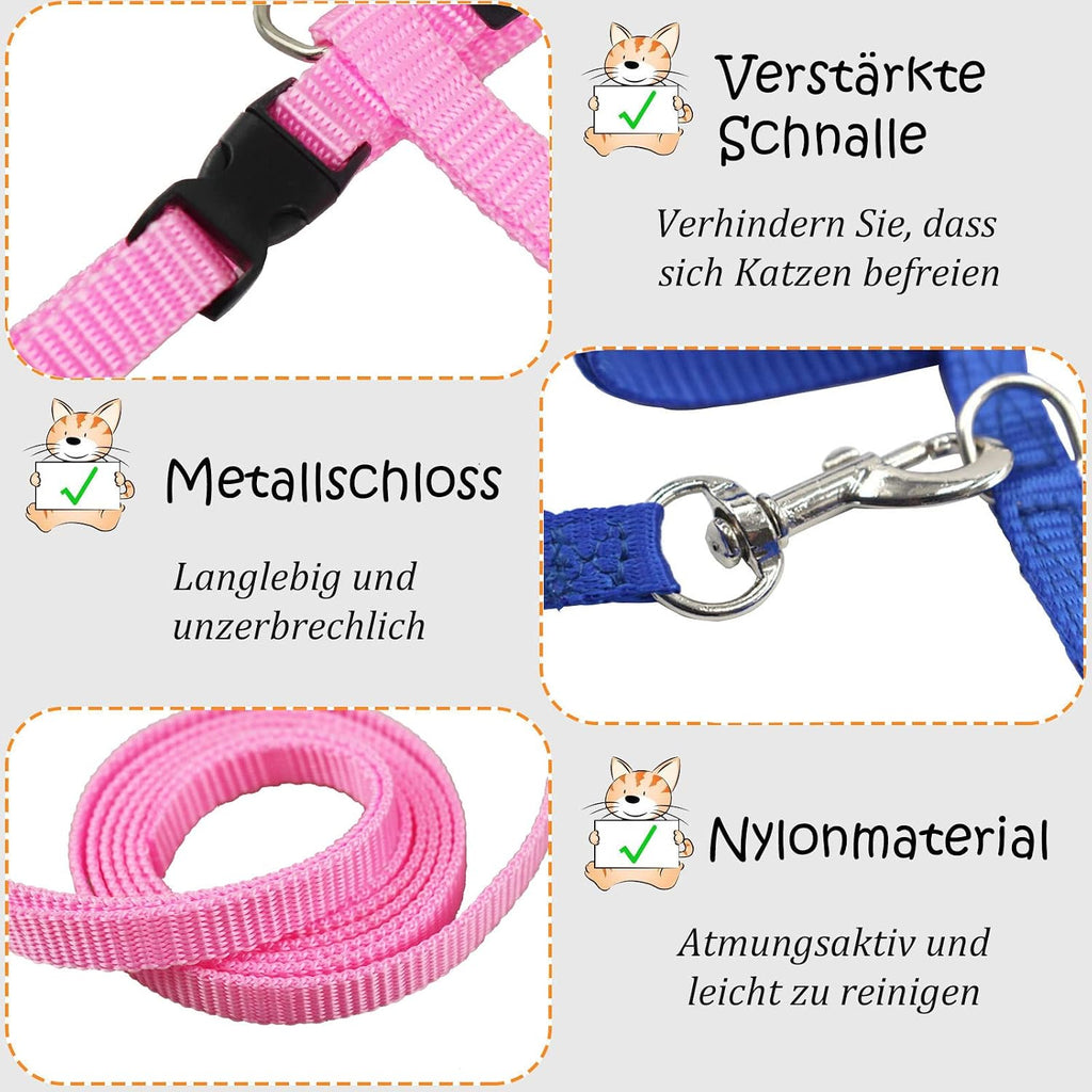 2er Set Katzengeschirr Nylon verstellbar mit Leine Blau Rosa Kaetzchen
