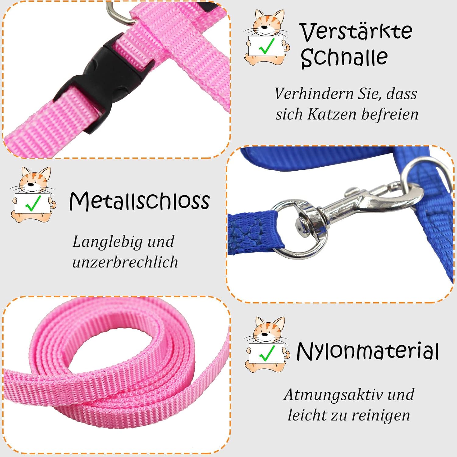 2er Set Katzengeschirr Nylon verstellbar mit Leine Blau Rosa Kaetzchen