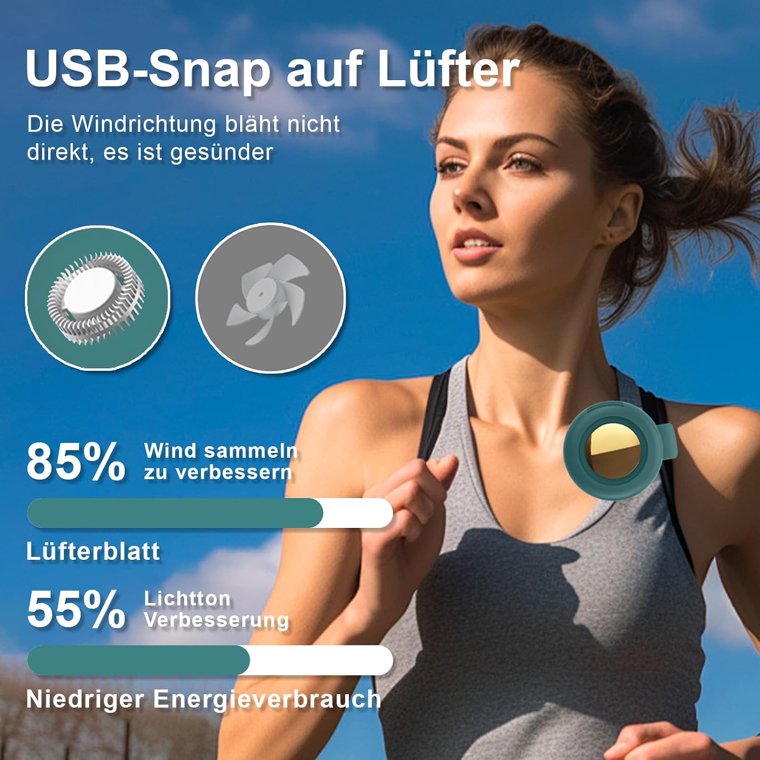 Tragbarer Clip-Ventilator USB wiederaufladbar 3 Stufen mini leise Gruen