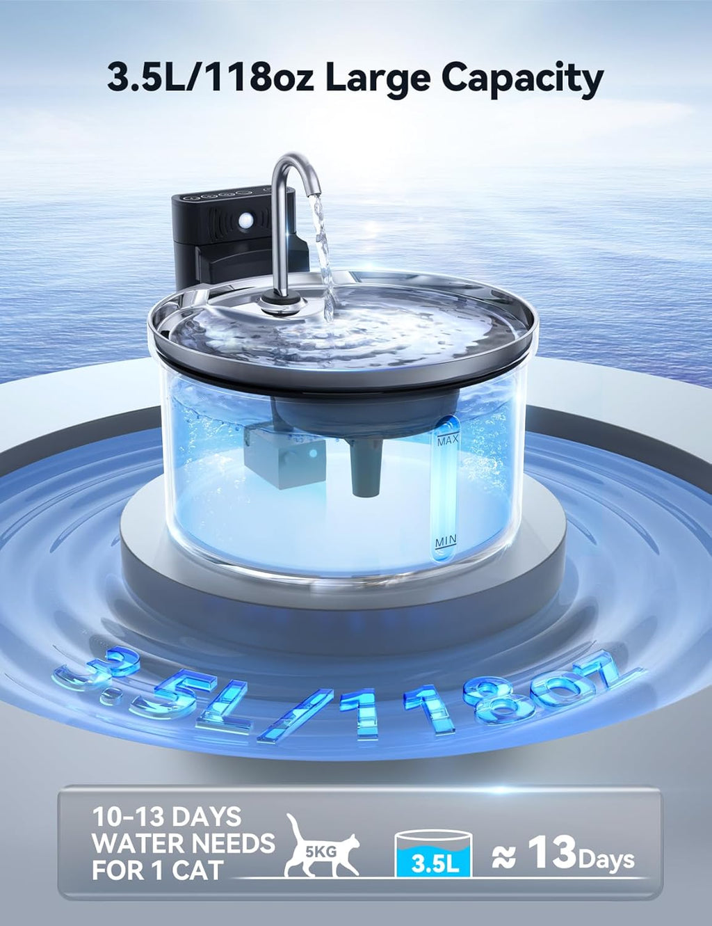 FEELNEEDY Katzenbrunnen Akku 4000mAh kabellos Edelstahl mit Sensor und 3 Fi