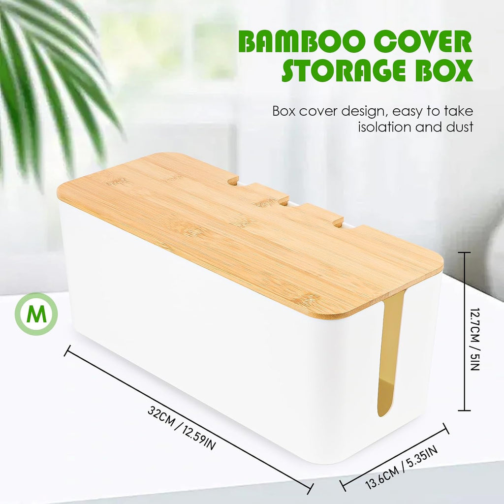 Kabelmanagement Box Weiss mit Holzdeckel M 32cm - Groesse 12cm-13,4cm