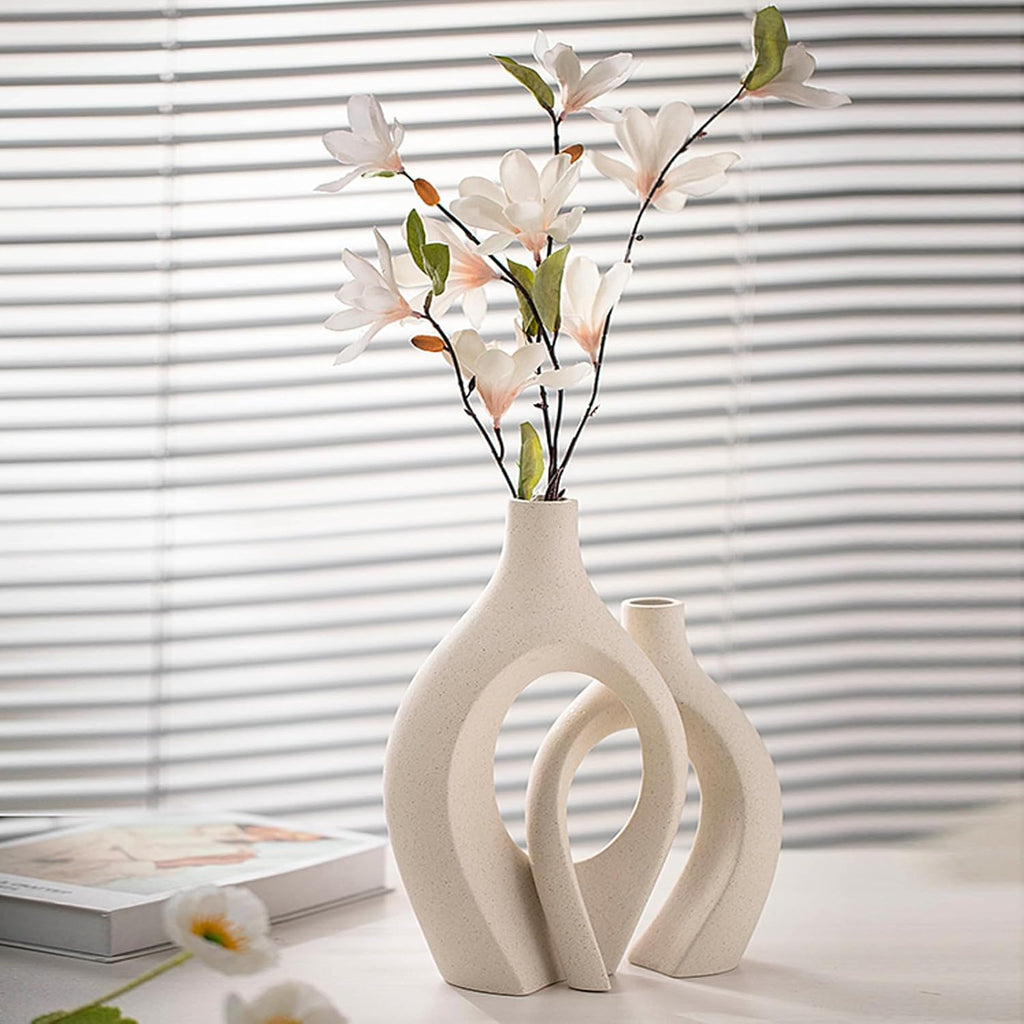 SUKIYPO Keramikvase 2er Set beige Boho Deko fuer Wohnzimmer Buero