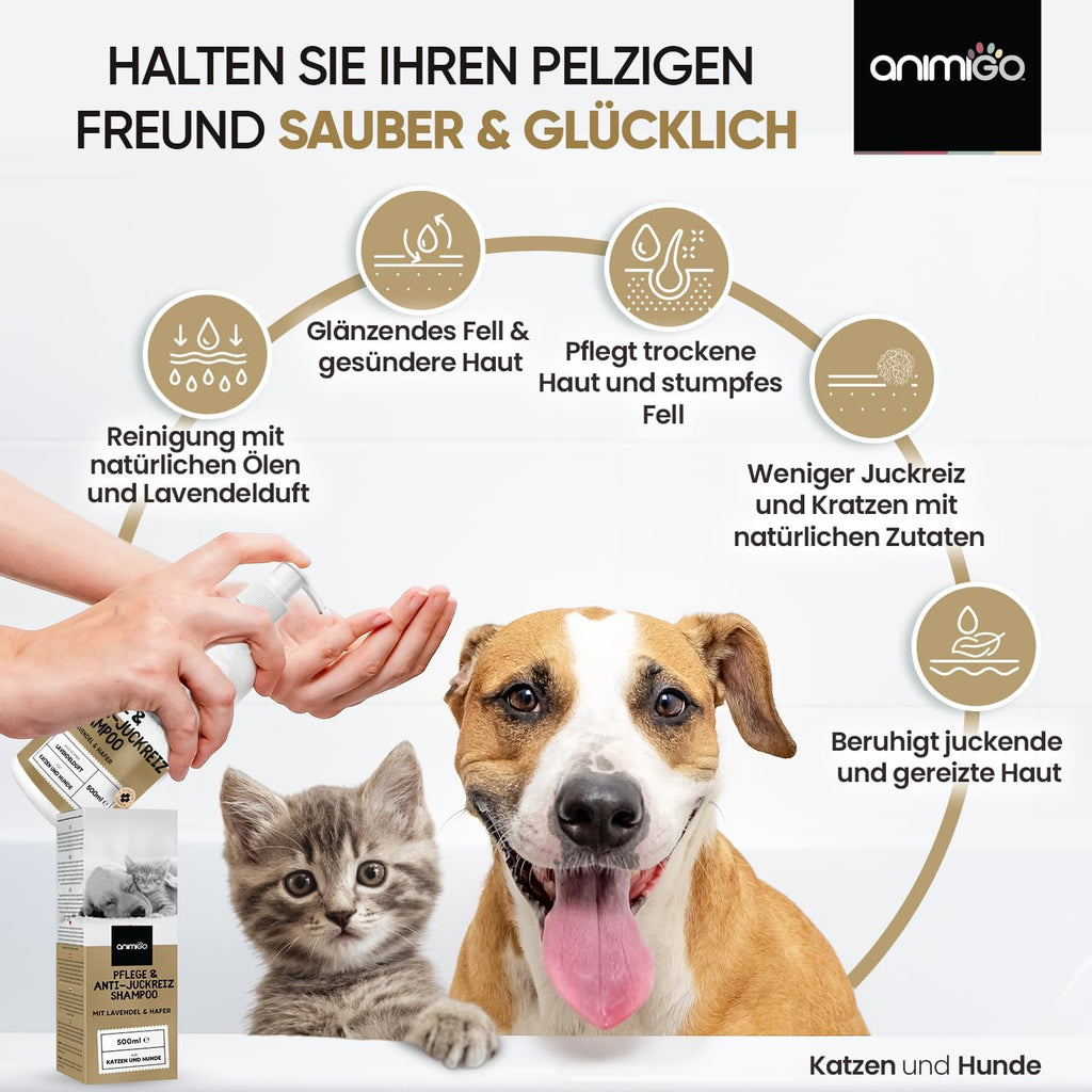 animigo Hundeshampoo 500 ml - Anti-Juckreiz, Milben & Flohschutz, hautfreundlich