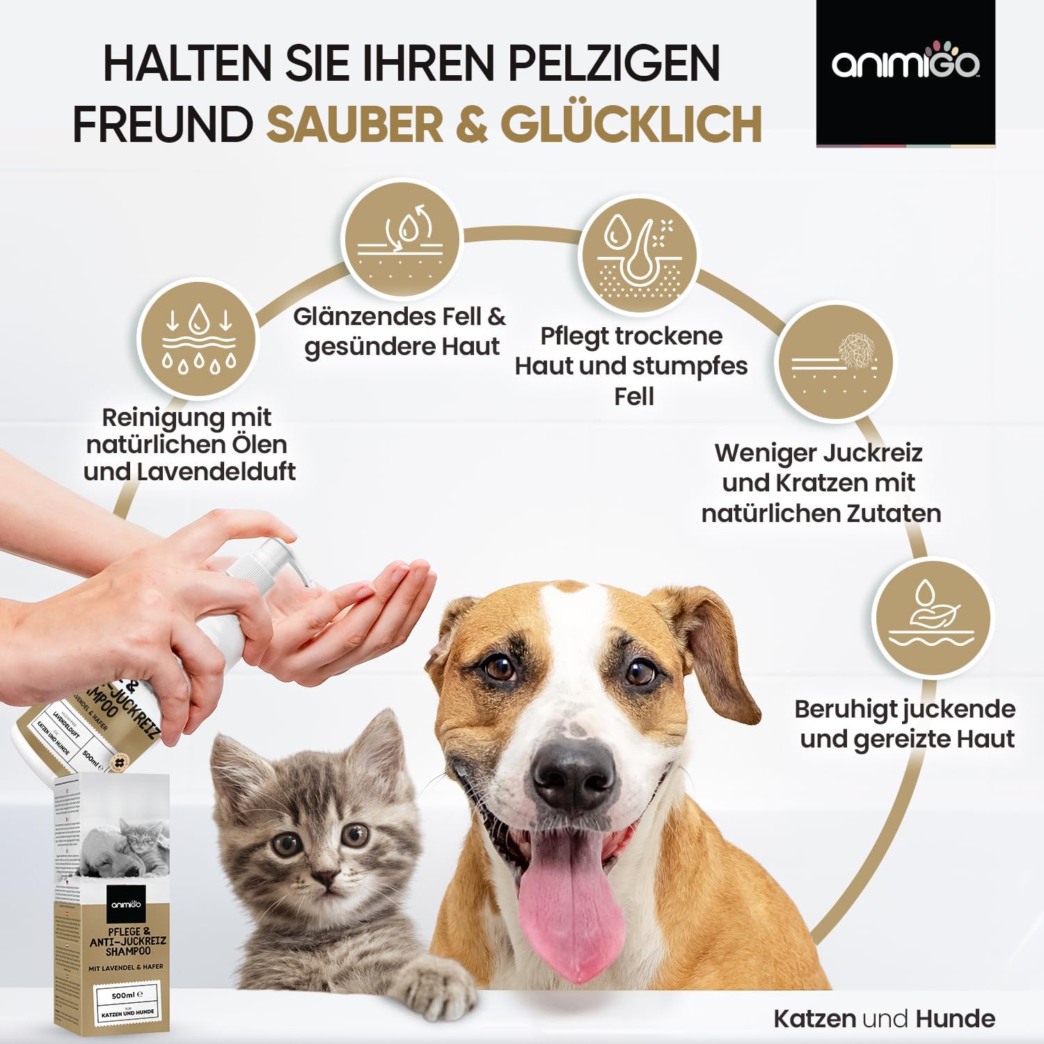 animigo Hundeshampoo 500 ml - Anti-Juckreiz, Milben & Flohschutz, hautfreundlich