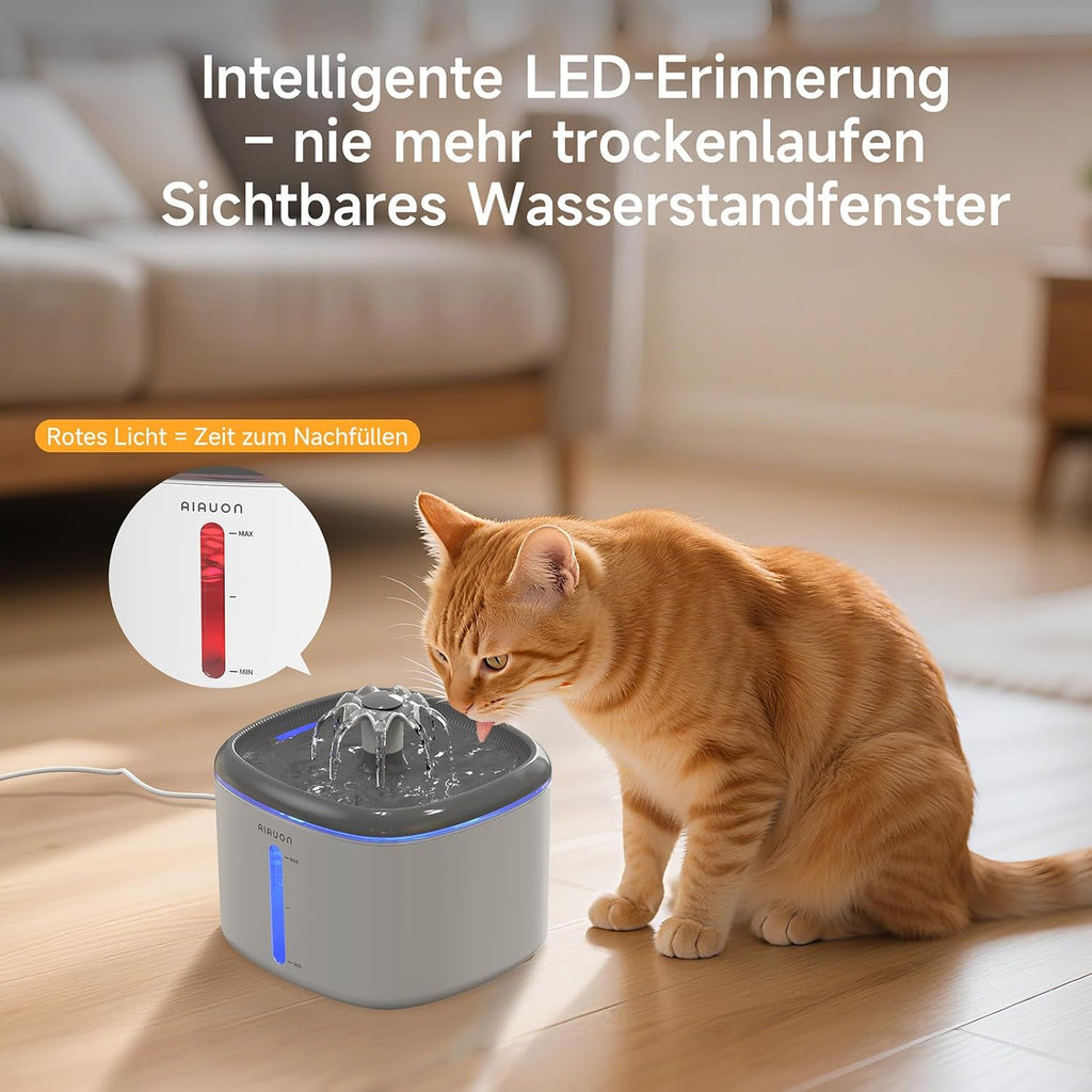 Katzen Trinkbrunnen leise mit LED Wasserstand und 2 Ersatzfiltern Weiss
