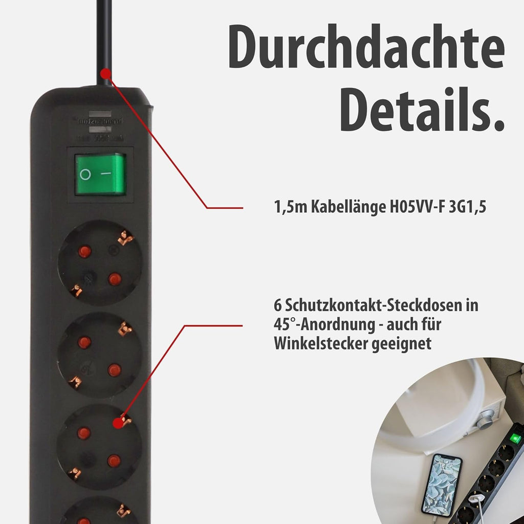 Brennenstuhl Eco-Line Steckdosenleiste 6-fach mit Schalter, 1,5m Kabel