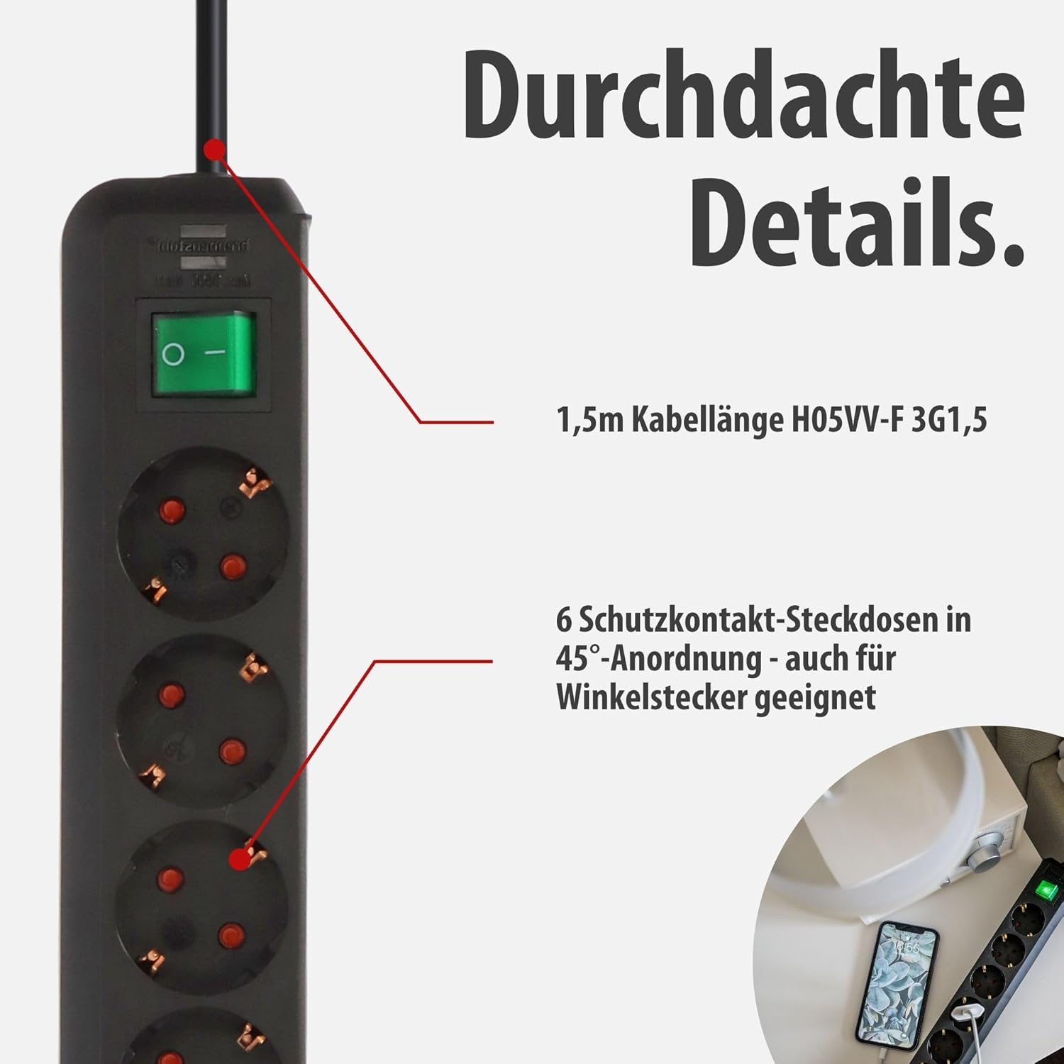 Brennenstuhl Eco-Line Steckdosenleiste 6-fach mit Schalter, 1,5m Kabel