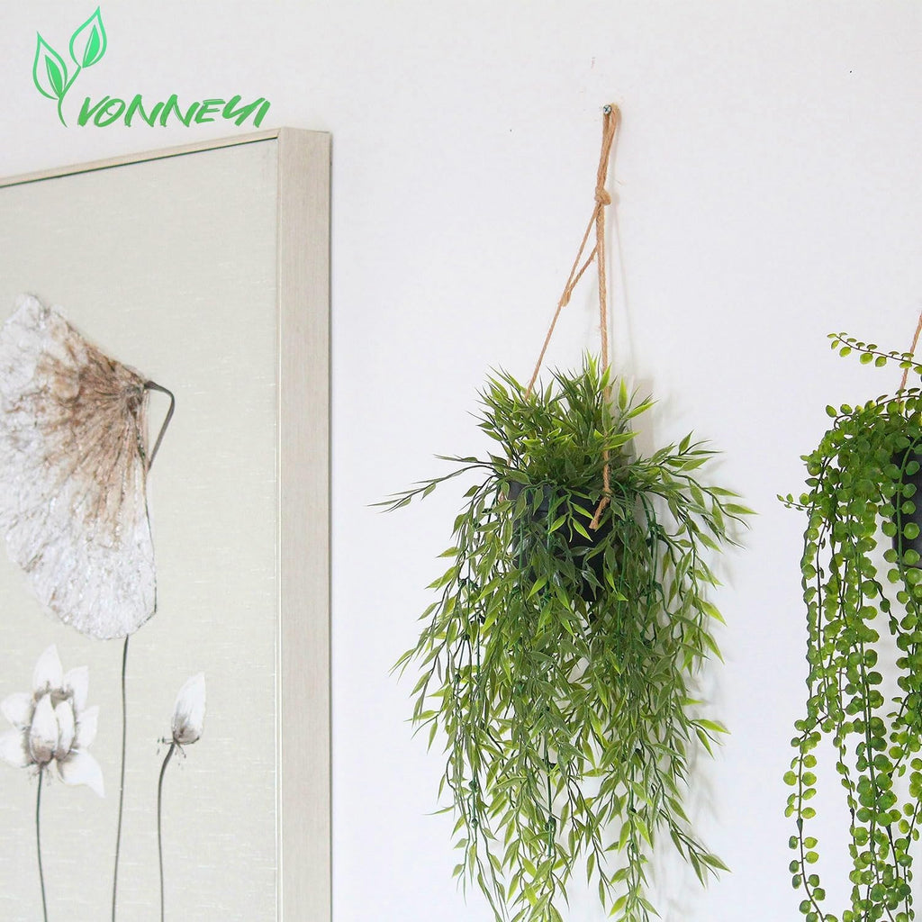 YVONNEYI 3er Set kuenstliche Haengepflanzen im schwarzen Topf 50 cm fuer Balkon Woh