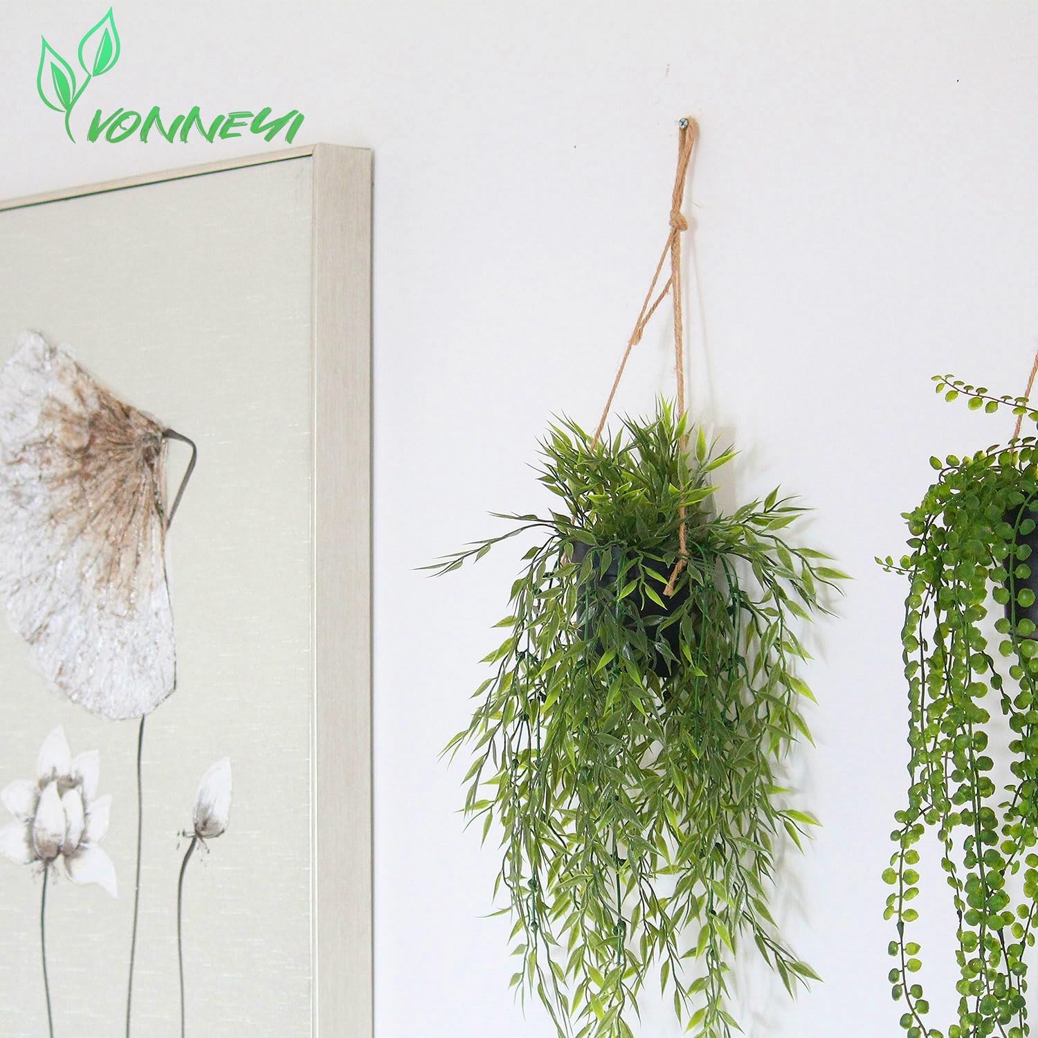 YVONNEYI 3er Set kuenstliche Haengepflanzen im schwarzen Topf 50 cm fuer Balkon Woh