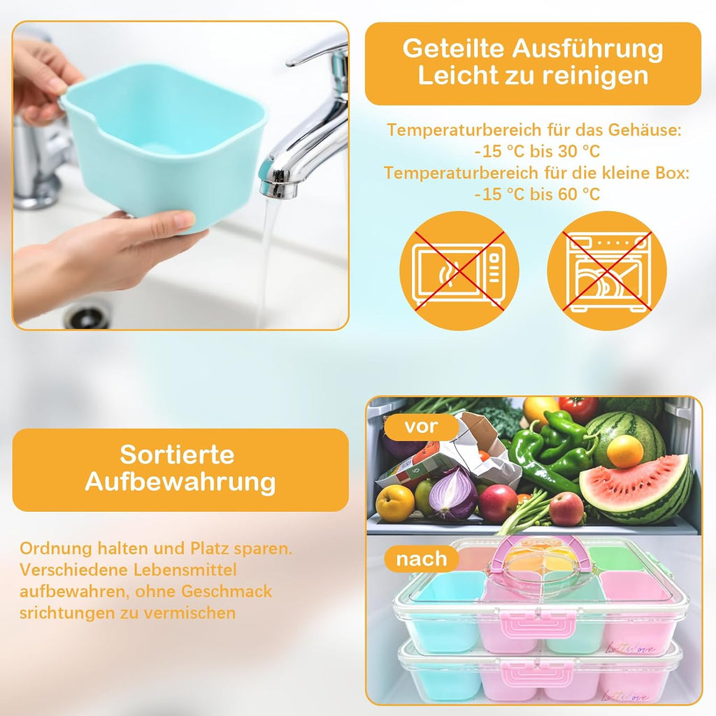 Snackbox 8 Faecher mit Deckel, 6 Obstgabeln und Besteckbeutel