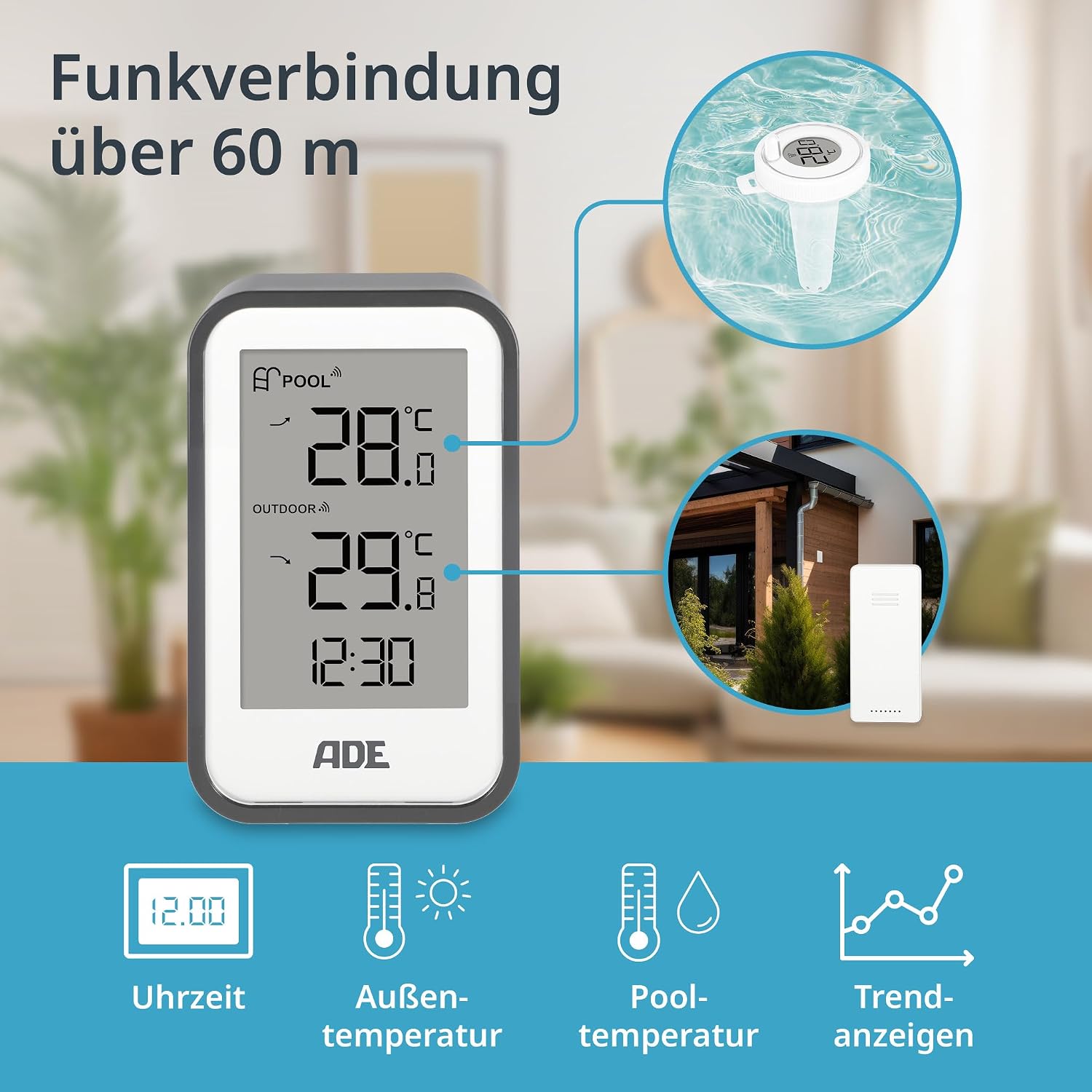 ADE schwimmendes Poolthermometer mit Aussensensor fuer Pool Whirlpool Teich
