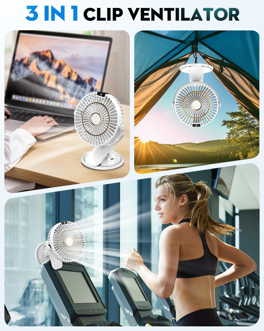 COZII 16cm USB Clip Tischventilator leise 5 Stufen 720° drehbar mit LED