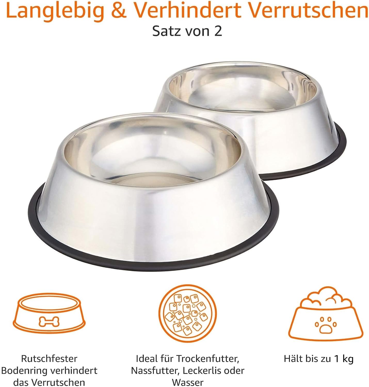 Amazon Basics Hundenapf Edelstahl 946 ml 2er Set rutschfest Silberfarben