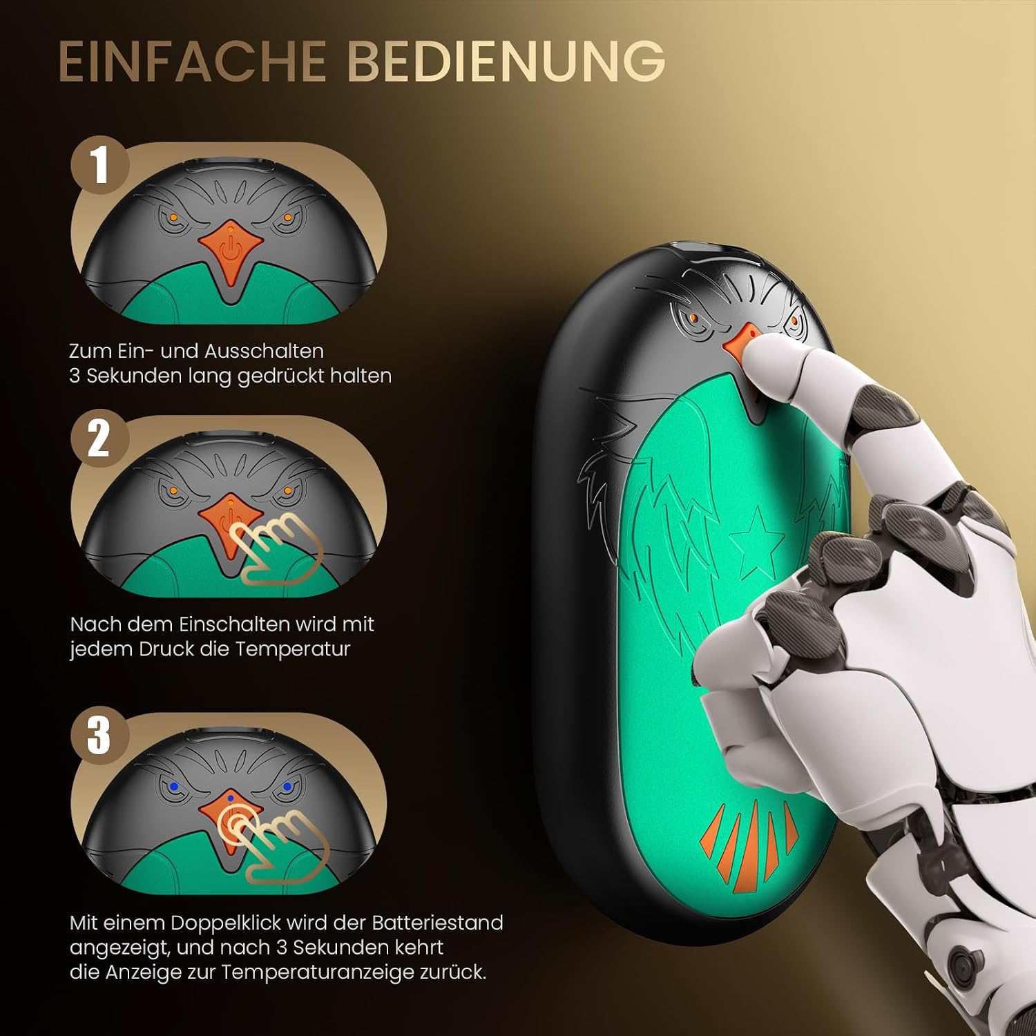 Elektrischer Handwaermer 2er Set wiederaufladbar USB 3 Heizstufen Outdoor