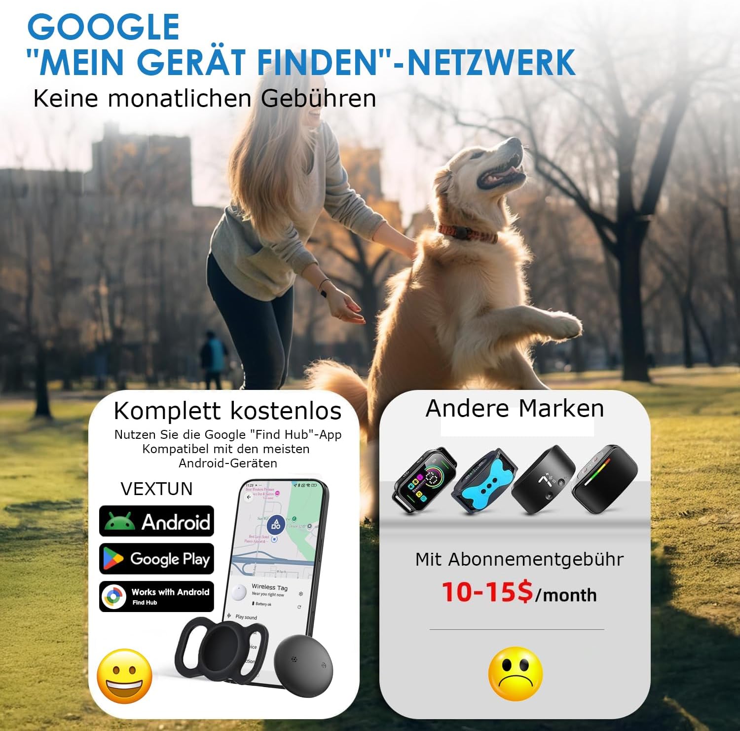 Bluetooth Haustier Tracker mit Halsbandhuelle IP68 wasserdicht fuer Android