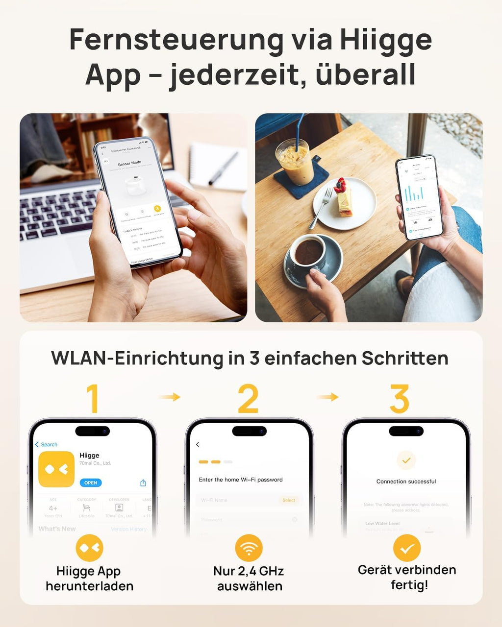 Kabelloser Katzenbrunnen mit App, Bewegungsmelder, 96 Tage Akku, WLAN