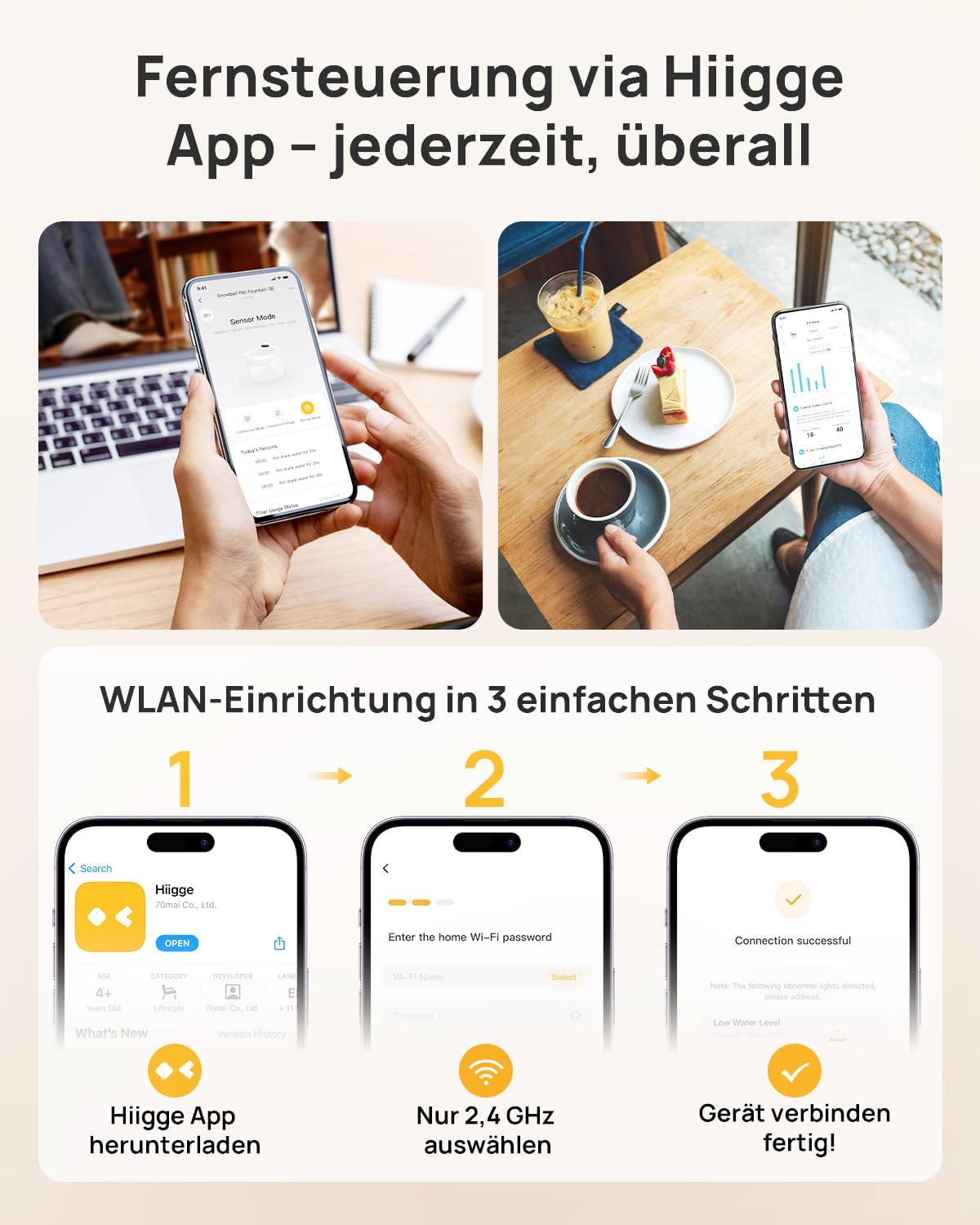 Kabelloser Katzenbrunnen mit App, Bewegungsmelder, 96 Tage Akku, WLAN
