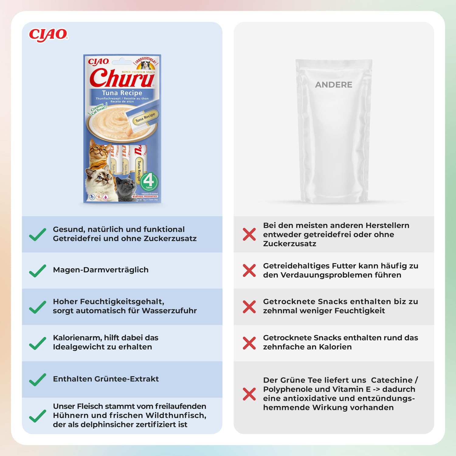 INABA Churu cremige Katzenleckerlies Thunfisch Tube, 30% Fisch, getreidefrei