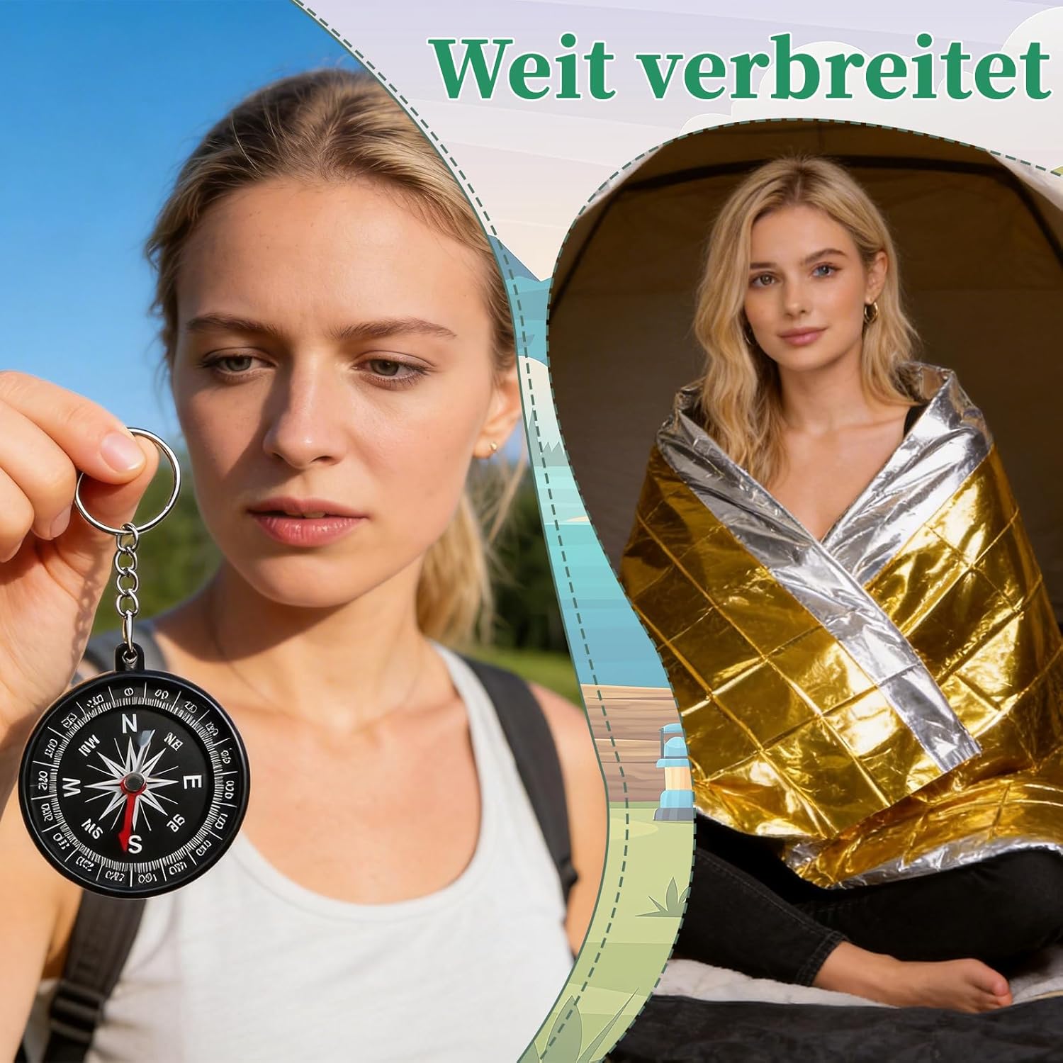 Wander-Set Damen 4-teilig: Kosmetiktasche, Sitzkissen, Kompass, Waermedecke