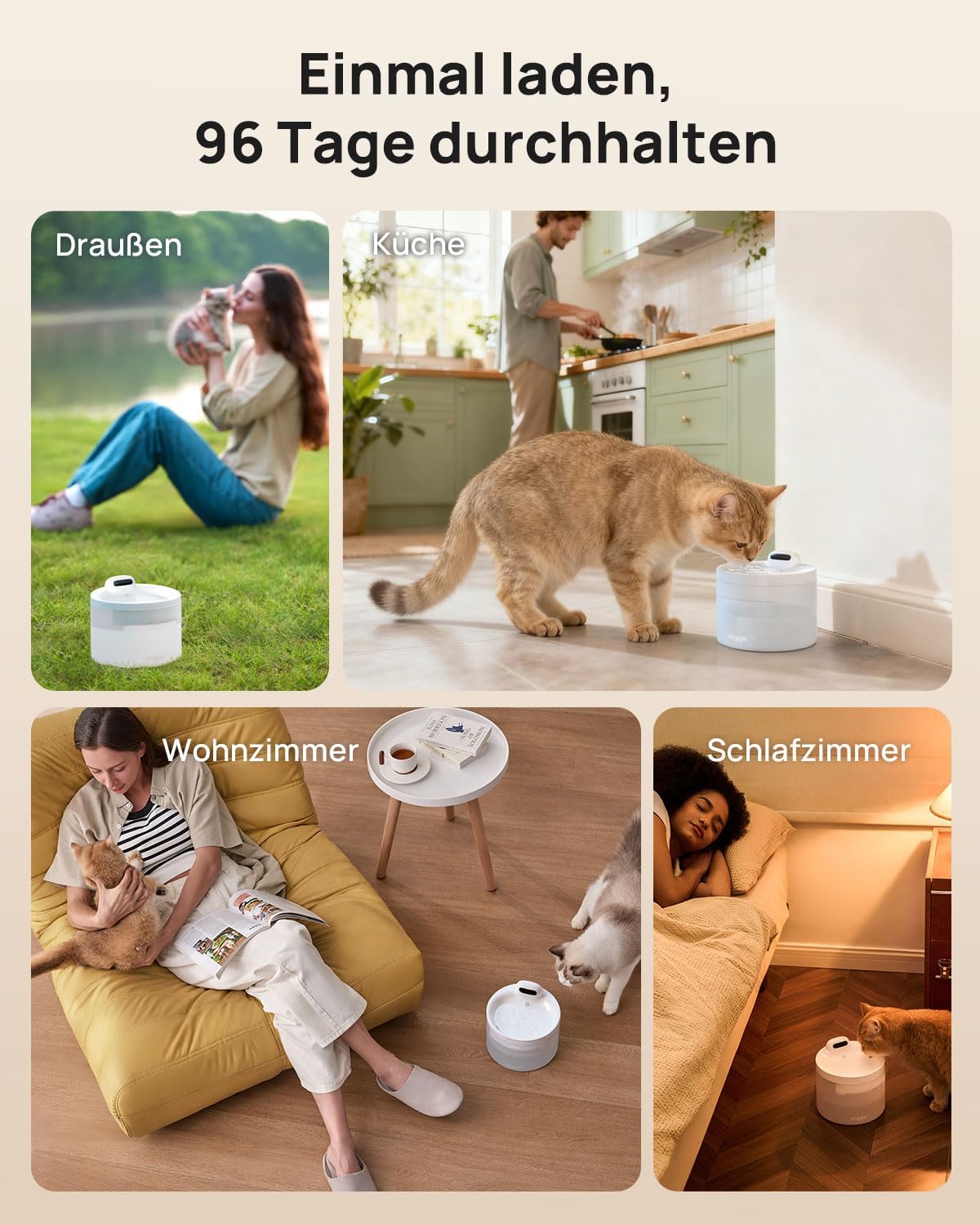 Kabelloser Katzenbrunnen mit App, Bewegungsmelder, 96 Tage Akku, WLAN