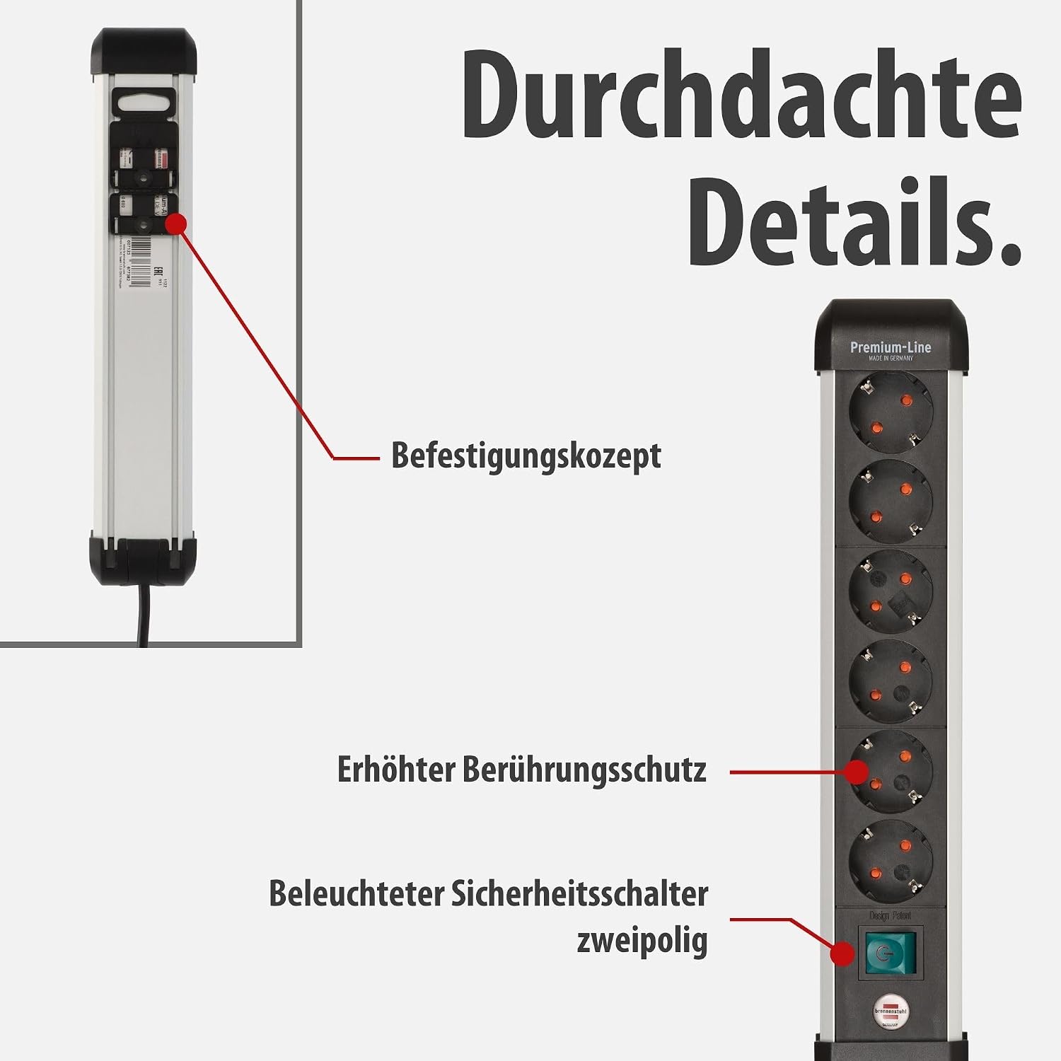 Brennenstuhl Aluminium Steckdosenleiste 6-fach mit Schalter 3 m Kabel