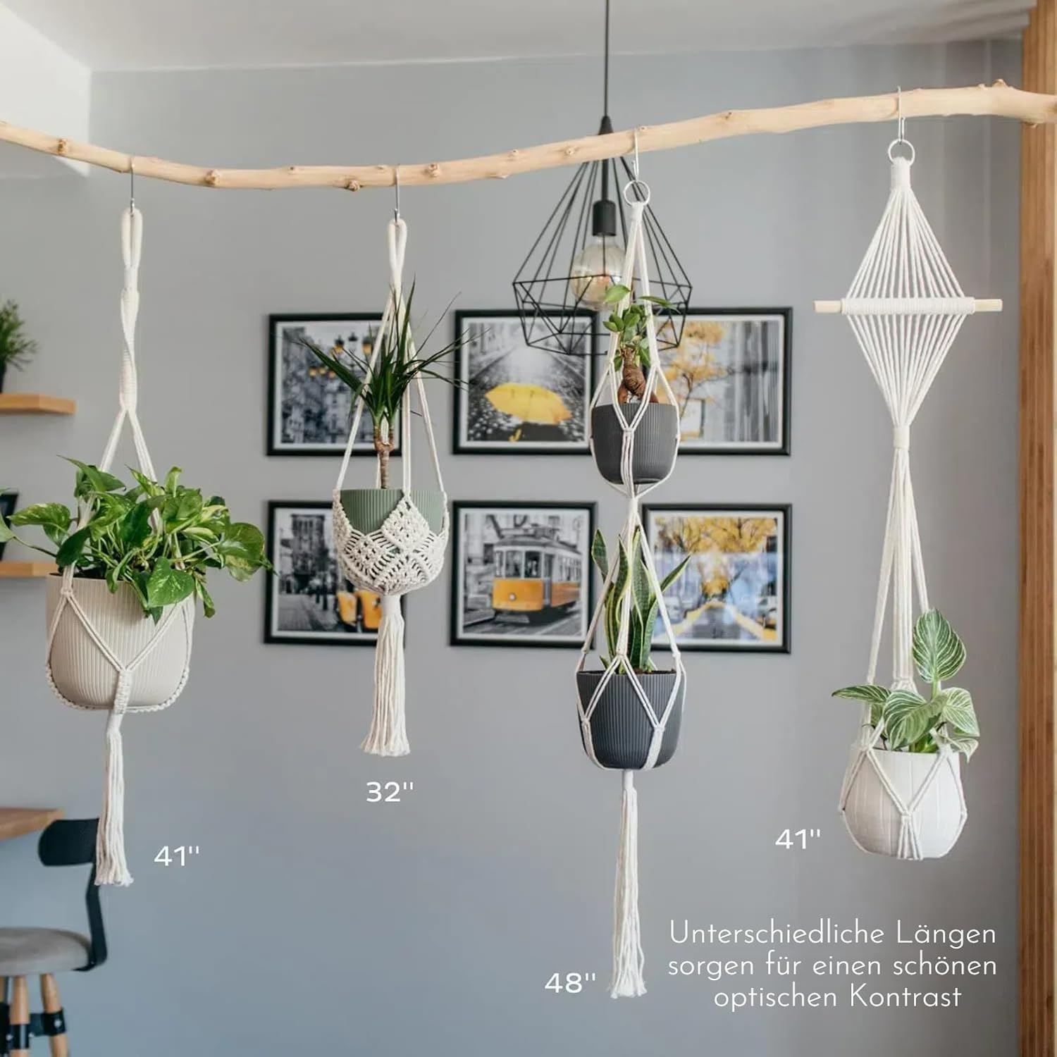 Makramee Blumenampel 4er Set Baumwollseil Haengeampel mit Haken Creme