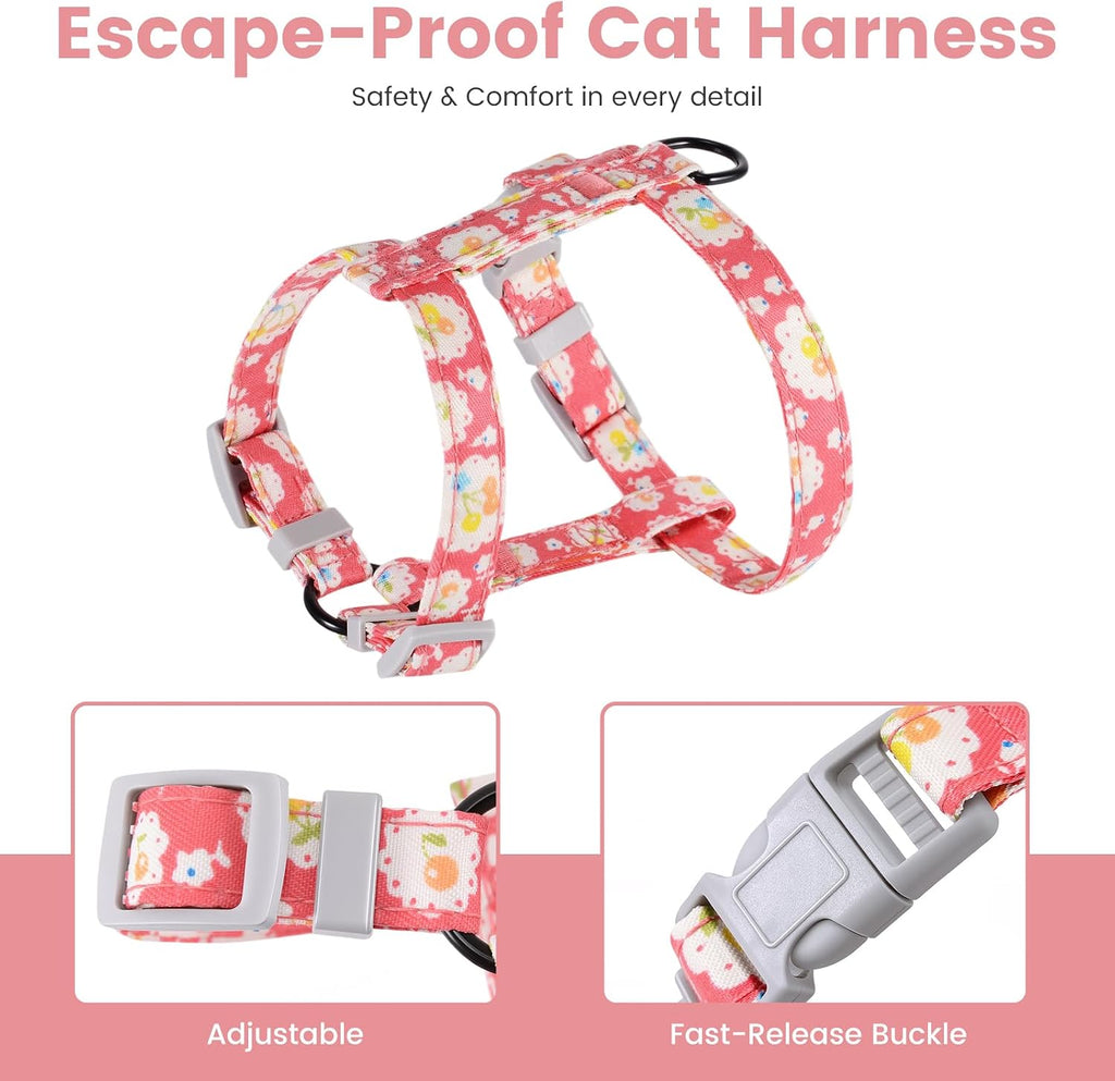 PETTOM Katzengeschirr Blumenmuster mit Leine ausbruchsicher verstellbar S-M