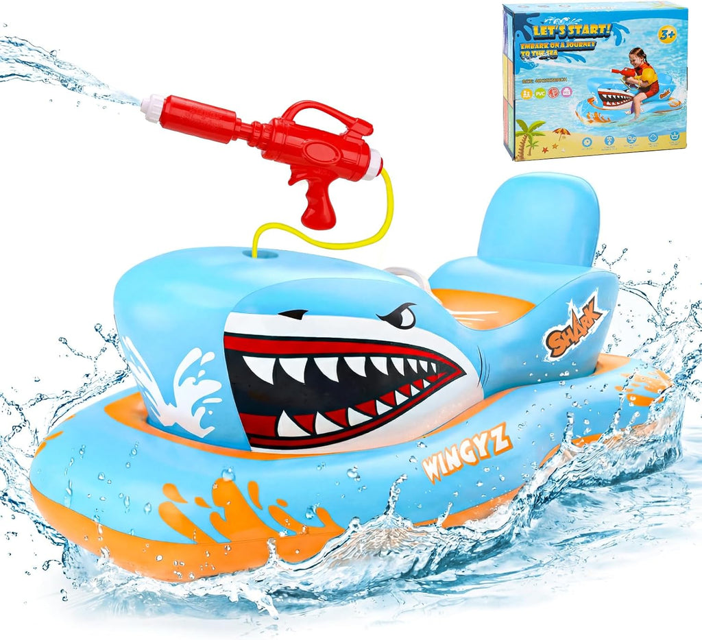 Wingyz Haifisch Luftmatratze Kinder mit Wasserpistole Schwimmtier Pool Boot Gart