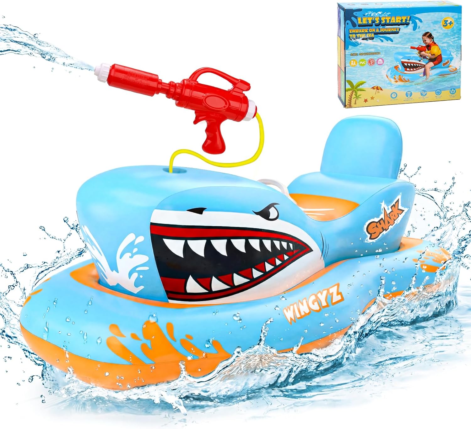 Wingyz Haifisch Luftmatratze Kinder mit Wasserpistole Schwimmtier Pool Boot Gart