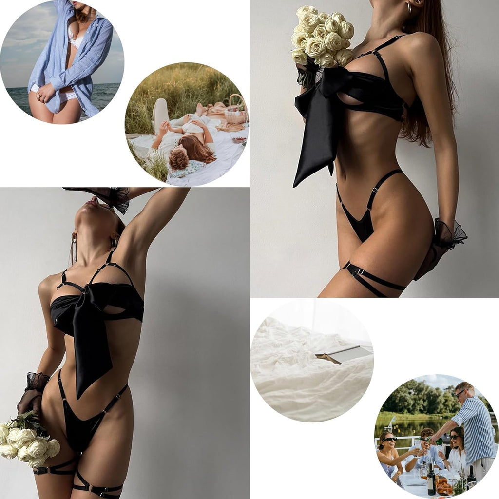 Damen Dessous-Set Sexy Satin Strapsen Hohl BH mit Schleife S-XL