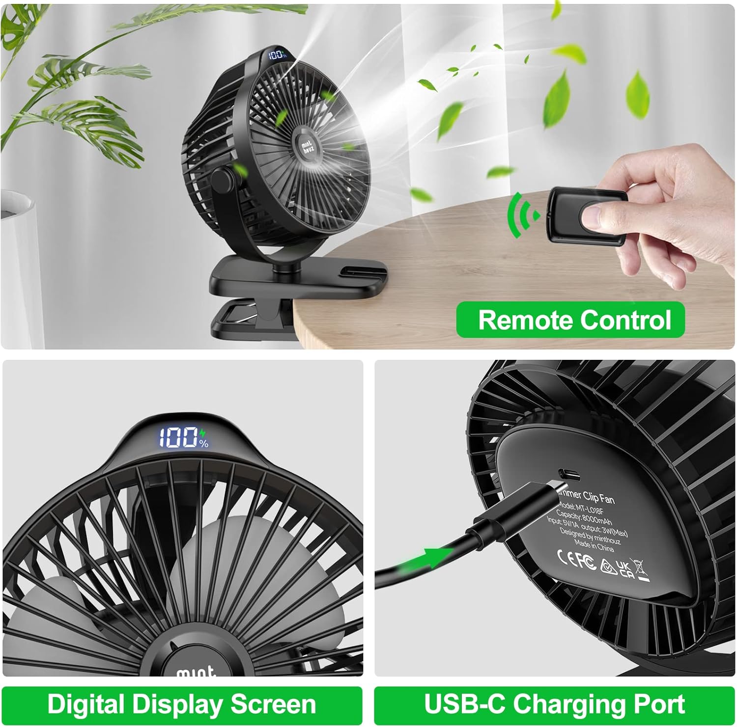 Minthouz Mini Tisch- und Clip-Ventilator USB 8000mAh, 5 Stufen, leise