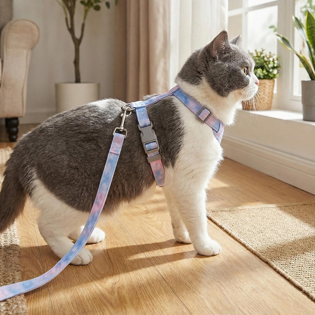 Katzengeschirr verstellbar mit Leine lila-rosa Gr. S-M ausbruchsicher weich