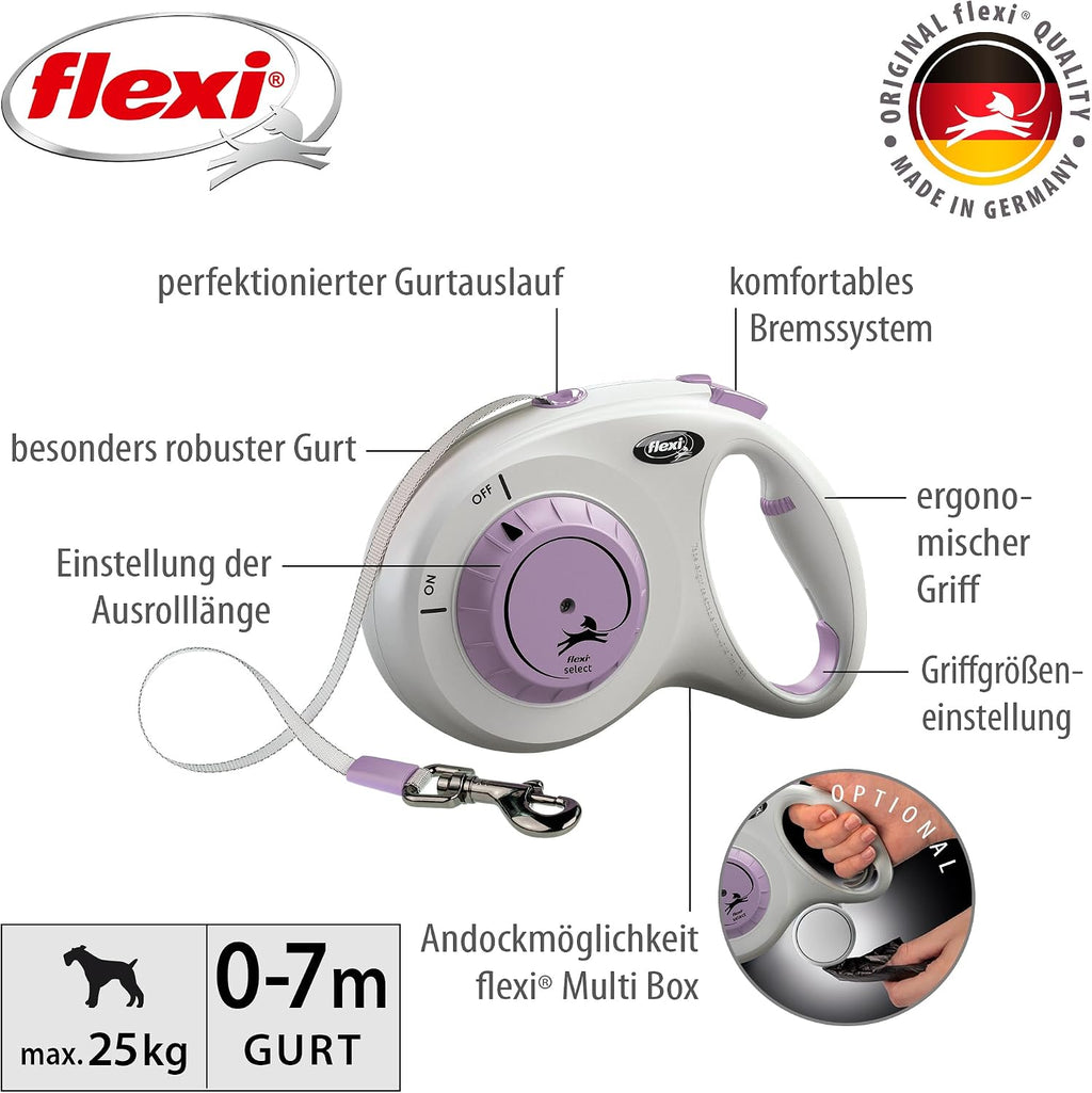 flexi Select M Roll-Leine 0-7 m, verstellbar, Gurt fuer Hunde bis, grau