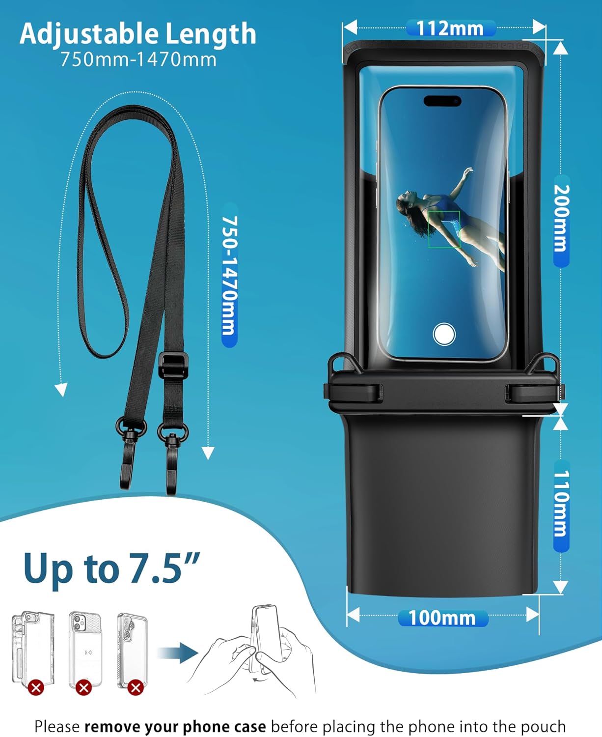 YOSH wasserdichte Handytasche IPX8 7,5" Unterwasser Huelle zum Umhaengen