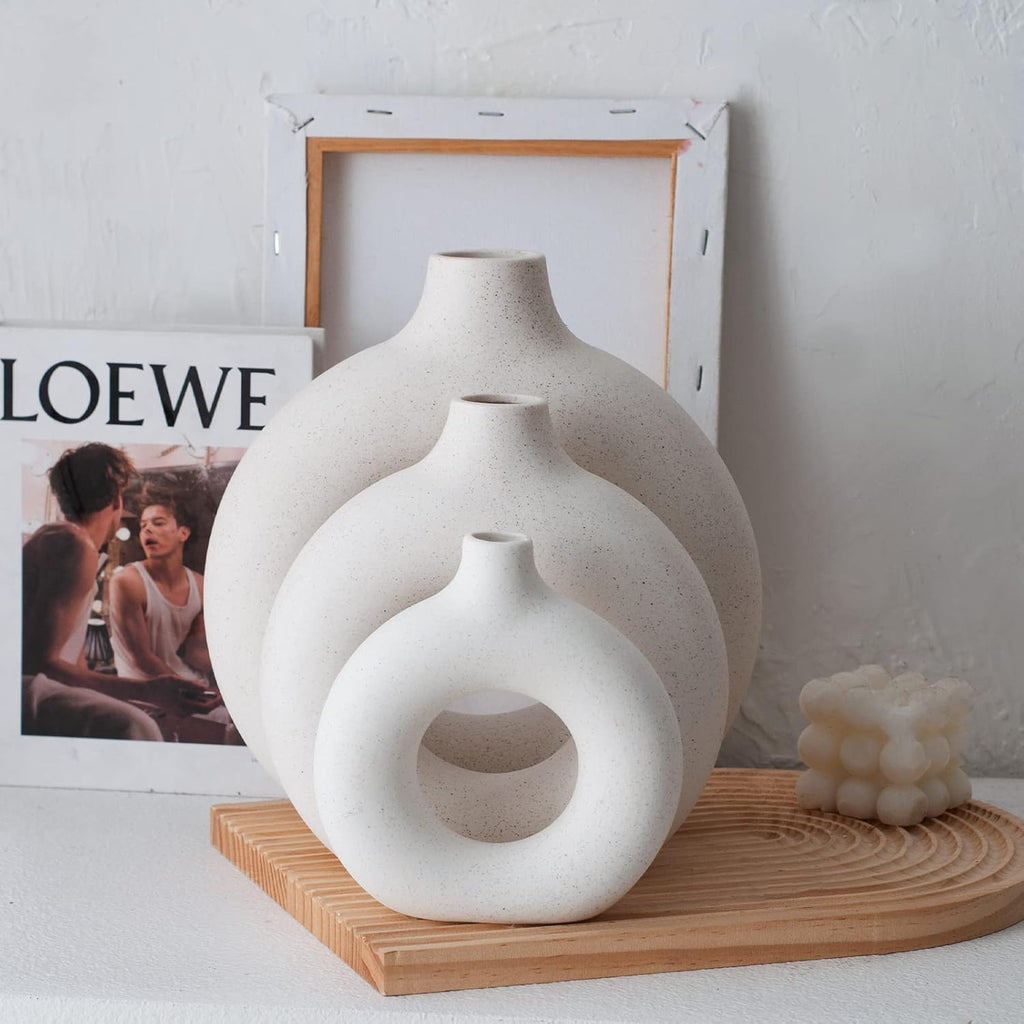 Donut Vasen 2er Set Weiss Matt Boho Nordic Deko Keramikvase