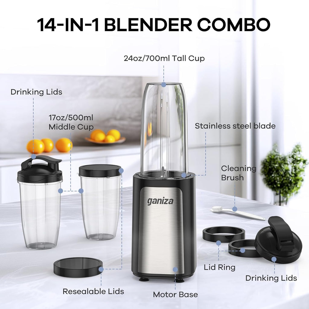 Smoothie Maker 900 W Standmixer mit 3 Mixbechern, Edelstahl schwarz