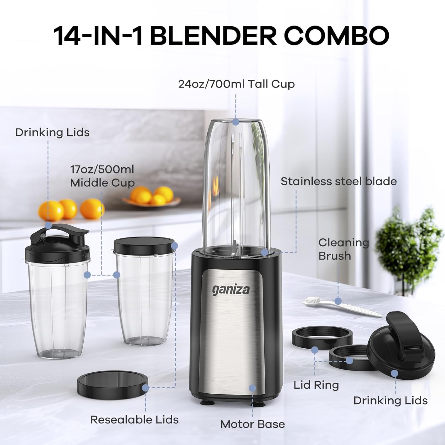 Smoothie Maker 900 W Standmixer mit 3 Mixbechern, Edelstahl schwarz