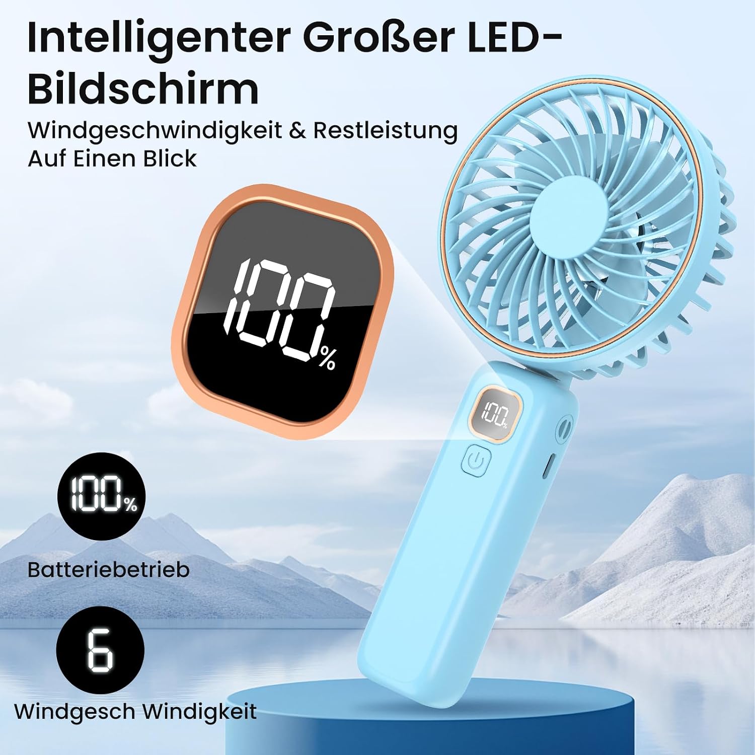 Mini Handventilator USB mit LCD, 6 Stufen, 4000 mAh Akku, 110° neigbar